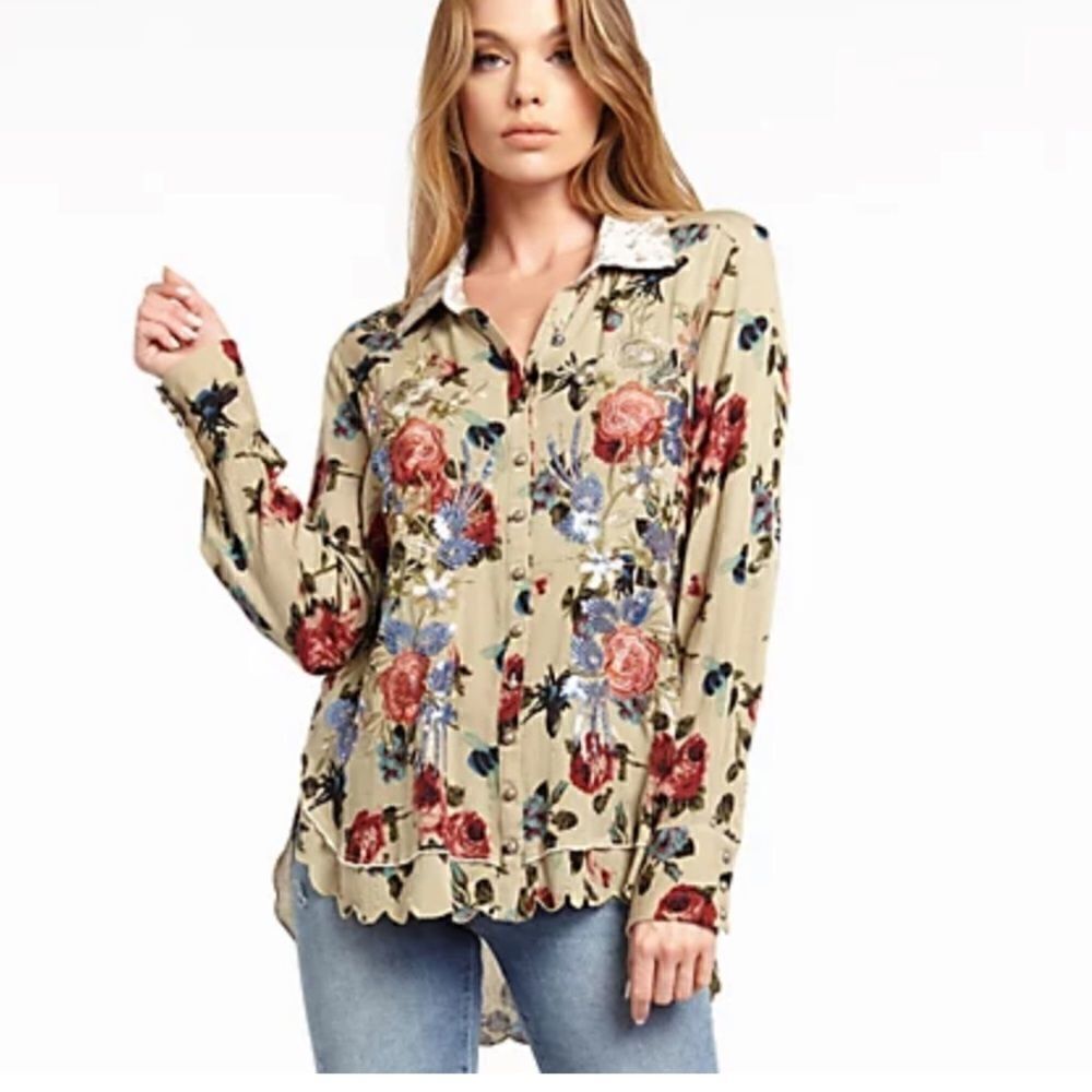 Aratta Silent Journey Floral Sequin Top Blouse